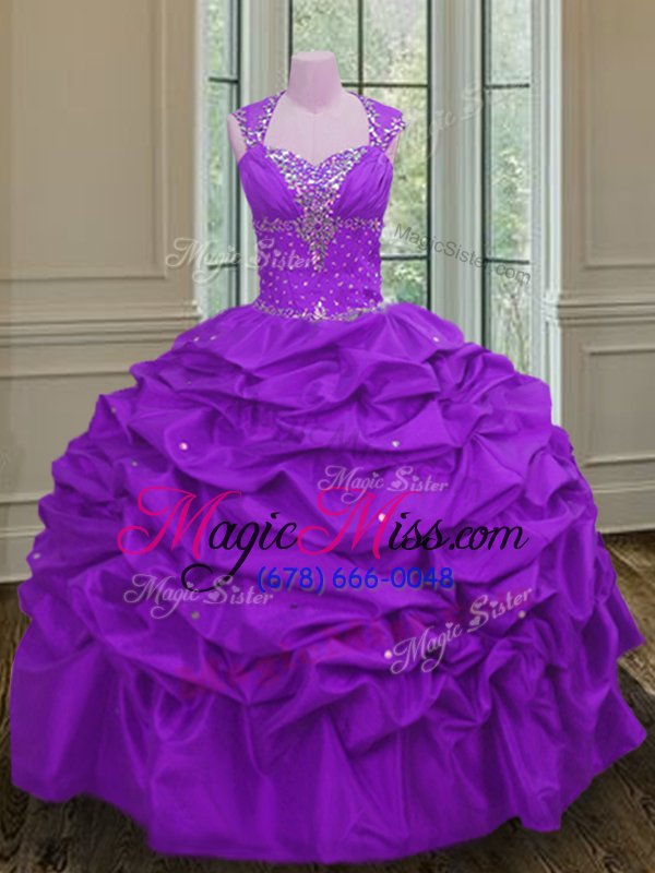 wholesale chic straps straps floor length purple 15th birthday dress taffeta sleeveless beading and pick ups