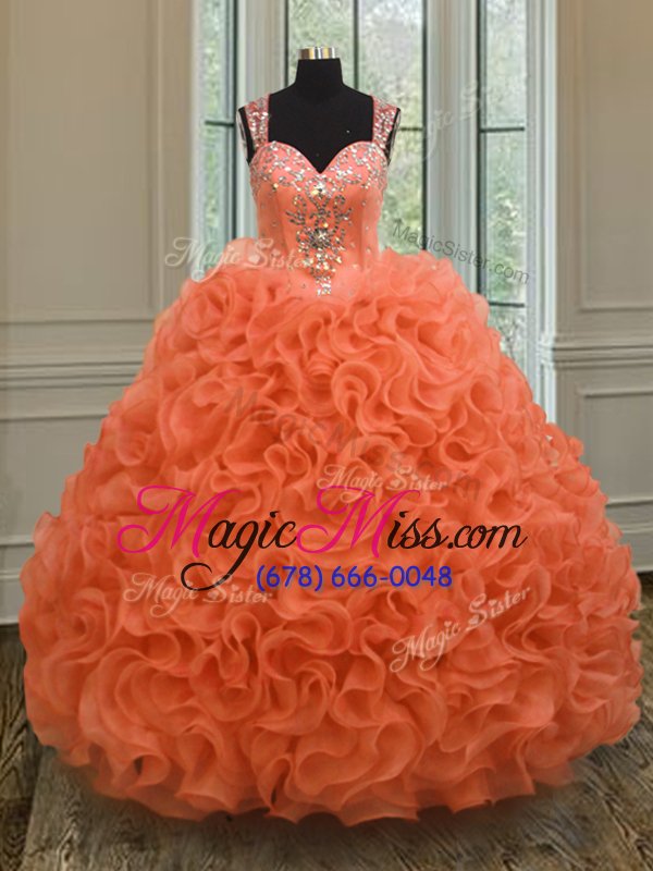 wholesale shining orange ball gown prom dress military ball and sweet 16 and quinceanera and for with beading and ruffles straps sleeveless zipper