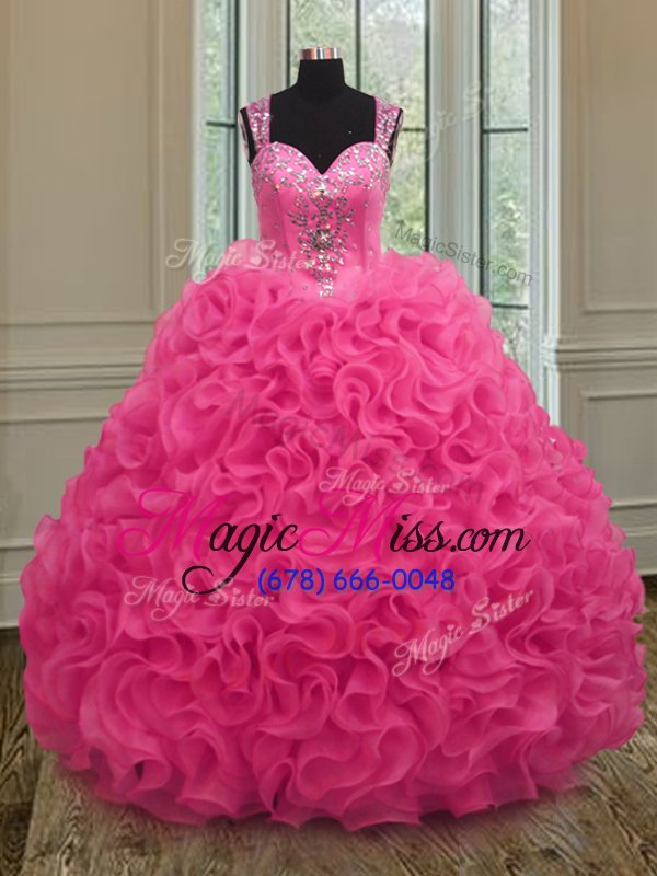 wholesale fashion straps sleeveless quinceanera dress floor length beading and ruffles hot pink organza