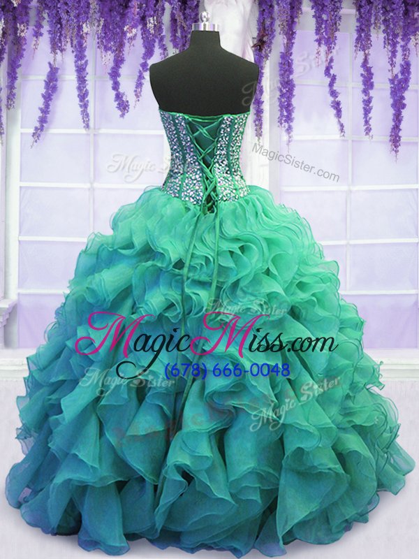 wholesale hot selling beading and ruffles quince ball gowns turquoise lace up sleeveless floor length