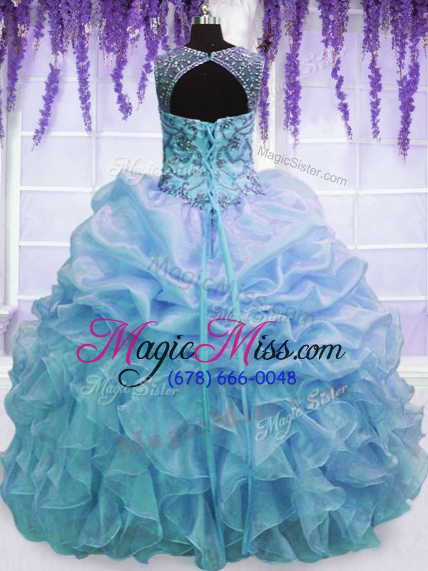 wholesale scoop blue sleeveless floor length beading and pick ups lace up 15th birthday dress