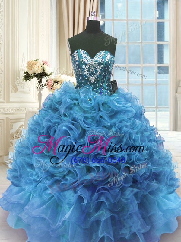 wholesale nice beading and ruffles 15th birthday dress blue lace up sleeveless floor length