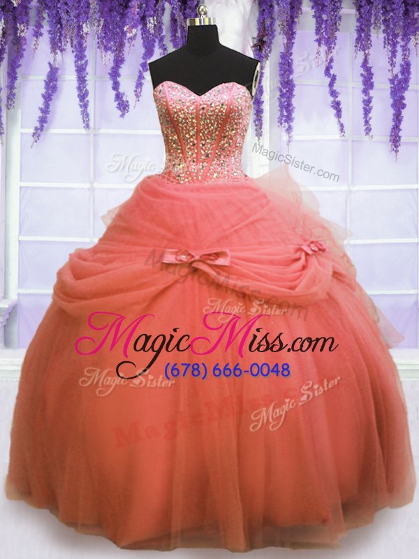 wholesale decent three piece tulle sweetheart sleeveless lace up beading and bowknot quinceanera dresses in watermelon red