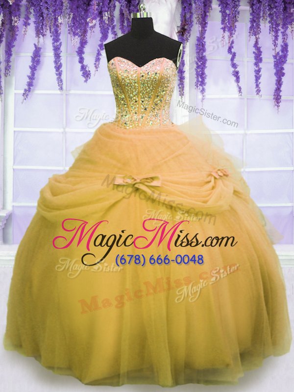 wholesale admirable three piece ball gowns quinceanera gowns gold sweetheart tulle sleeveless floor length lace up