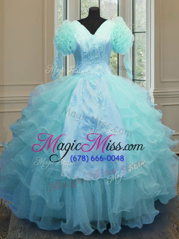 wholesale eye-catching ruffled v-neck long sleeves zipper quince ball gowns blue organza
