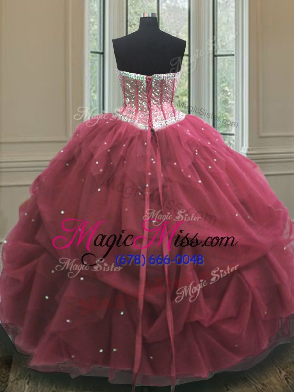 wholesale glittering sleeveless organza floor length lace up 15th birthday dress in burgundy for with sequins and pick ups