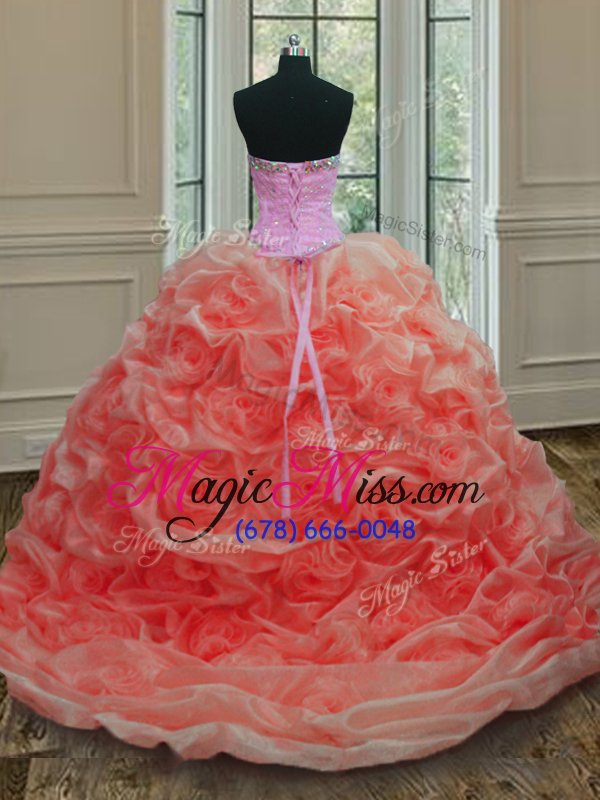 wholesale adorable watermelon red ball gowns organza sweetheart sleeveless beading and pick ups lace up quinceanera gown sweep train