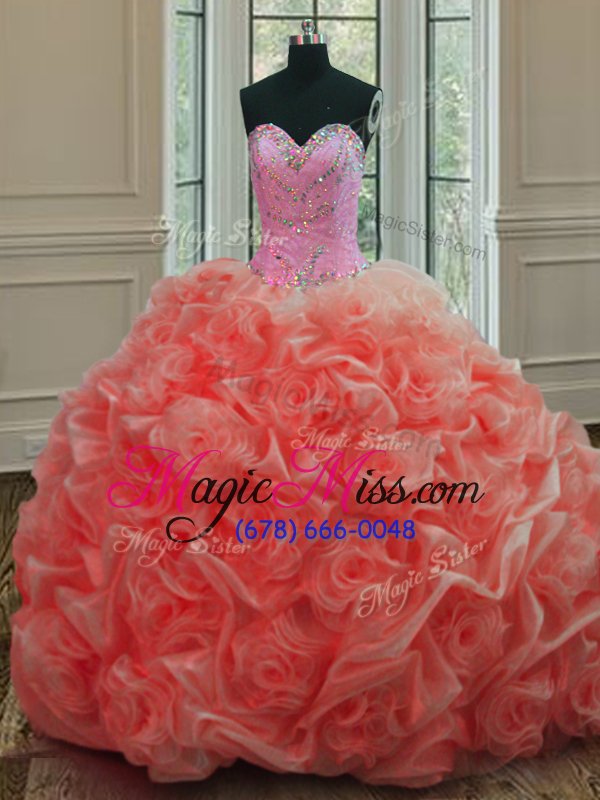 wholesale adorable watermelon red ball gowns organza sweetheart sleeveless beading and pick ups lace up quinceanera gown sweep train