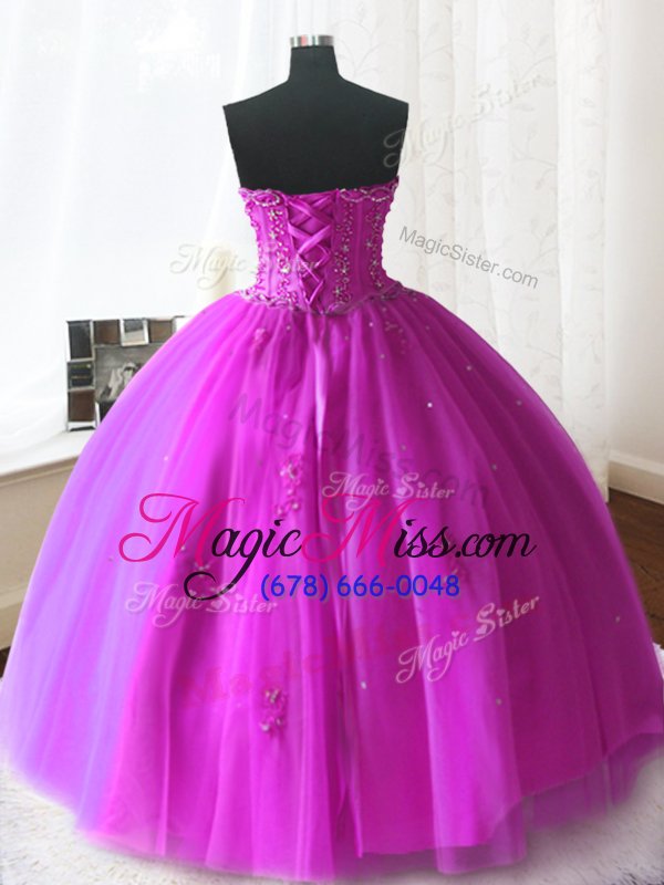wholesale gorgeous fuchsia ball gowns beading and appliques sweet 16 dresses lace up tulle sleeveless floor length