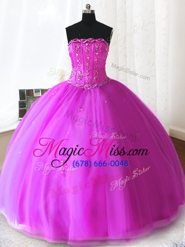 wholesale gorgeous fuchsia ball gowns beading and appliques sweet 16 dresses lace up tulle sleeveless floor length