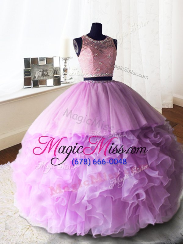 wholesale elegant lace with train lilac quinceanera dress scoop sleeveless brush train zipper