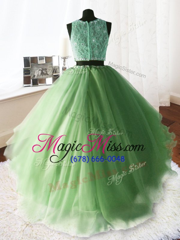wholesale fabulous scoop sleeveless with train beading and lace and ruffles zipper ball gown prom dress with brush train