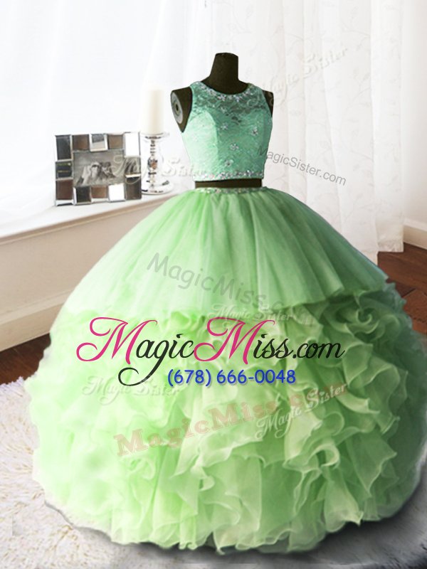 wholesale fabulous scoop sleeveless with train beading and lace and ruffles zipper ball gown prom dress with brush train