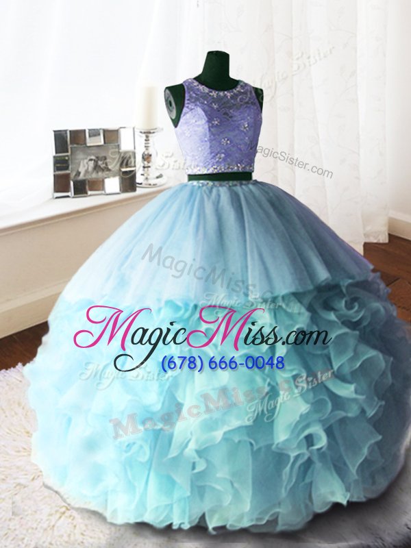 wholesale modest baby blue sweet 16 quinceanera dress military ball and sweet 16 and quinceanera and for with beading and lace and ruffles scoop sleeveless brush train zipper