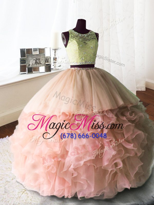 wholesale new arrival lace with train baby pink quinceanera dress scoop sleeveless brush train zipper