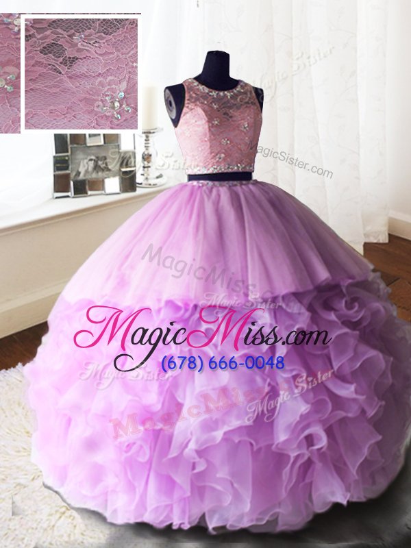 wholesale modest three piece scoop sleeveless organza and tulle and lace quince ball gowns beading and lace and ruffles brush train zipper