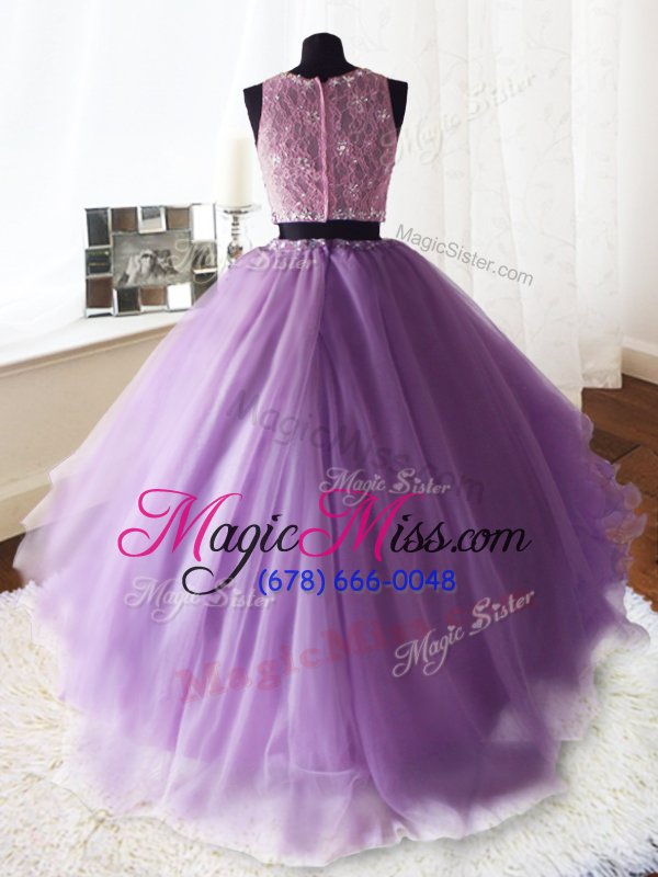 wholesale modest three piece scoop sleeveless organza and tulle and lace quince ball gowns beading and lace and ruffles brush train zipper