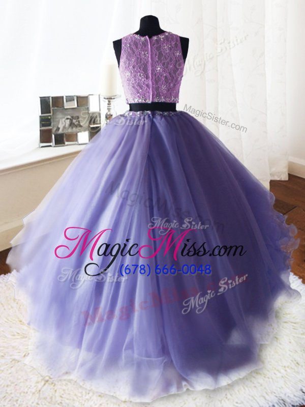 wholesale colorful three piece lavender quinceanera dresses military ball and sweet 16 and quinceanera and for with beading and lace and ruffles scoop sleeveless brush train zipper