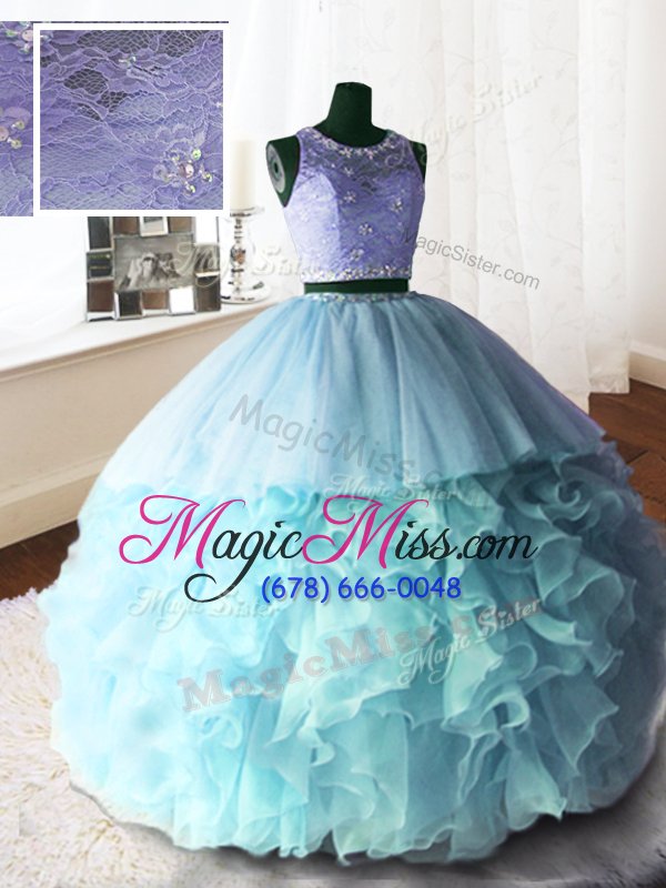wholesale fabulous three piece scoop baby blue sleeveless with train beading and lace and ruffles zipper quinceanera gowns