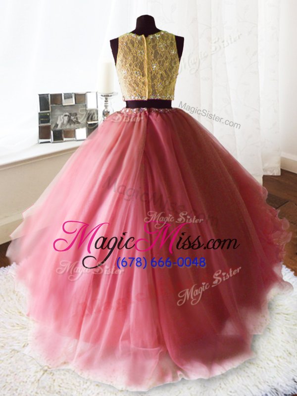 wholesale dynamic three piece scoop watermelon red ball gowns beading and lace and ruffles vestidos de quinceanera zipper organza and tulle and lace sleeveless with train