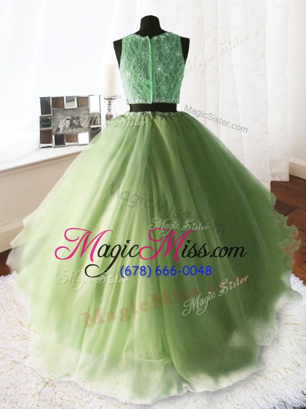 wholesale hot sale three piece scoop with train yellow green quinceanera dresses organza and tulle and lace brush train sleeveless beading and lace and ruffles