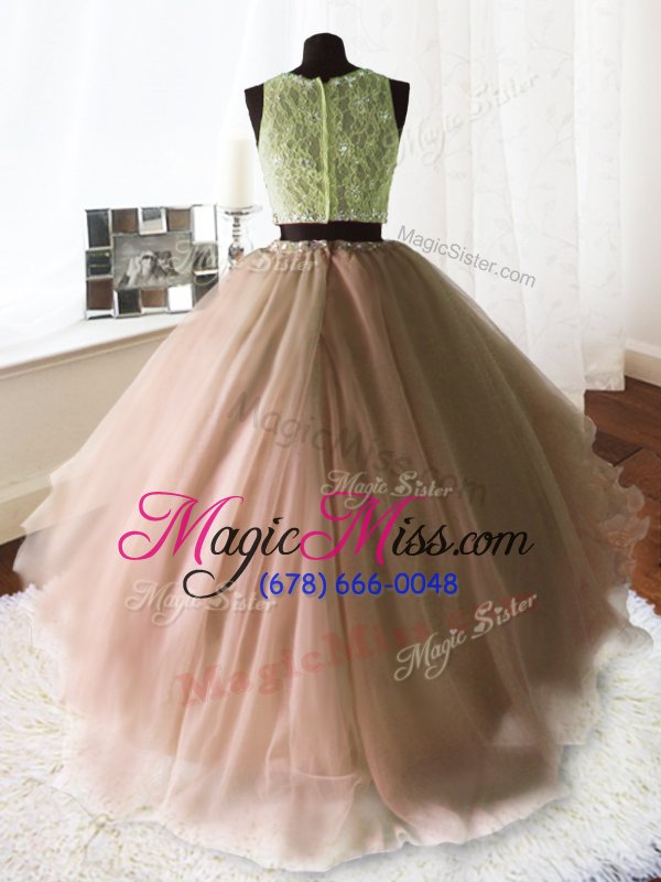 wholesale simple three piece scoop beading and lace and ruffles quinceanera gowns baby pink zipper sleeveless with brush train