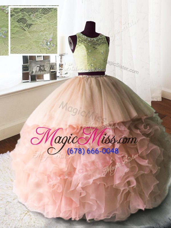 wholesale simple three piece scoop beading and lace and ruffles quinceanera gowns baby pink zipper sleeveless with brush train