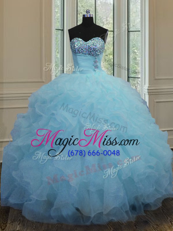 wholesale high quality baby blue ball gowns organza sweetheart sleeveless beading and ruffles floor length lace up 15 quinceanera dress