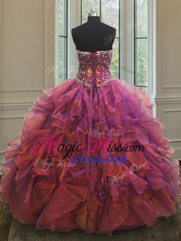 wholesale inexpensive purple organza and sequined lace up sweetheart sleeveless floor length quinceanera dresses beading and ruffles