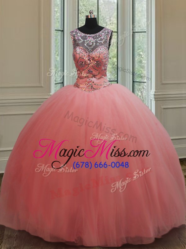 wholesale scoop sleeveless tulle floor length lace up sweet 16 quinceanera dress in watermelon red for with beading
