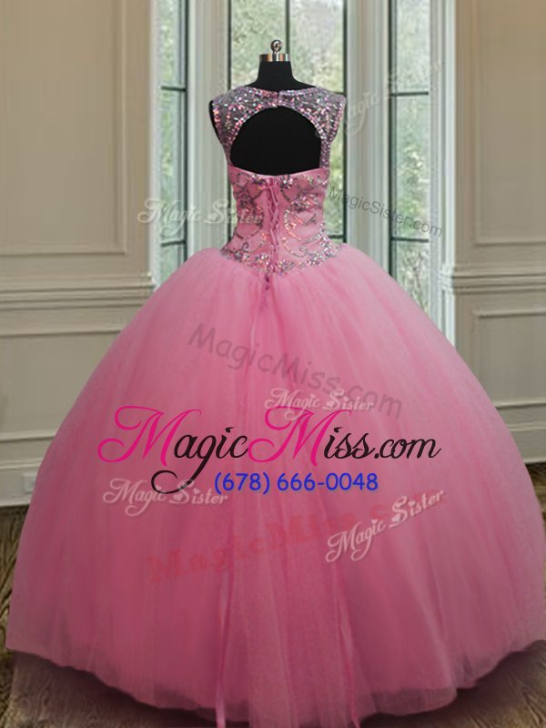 wholesale fitting scoop rose pink sleeveless beading floor length sweet 16 quinceanera dress