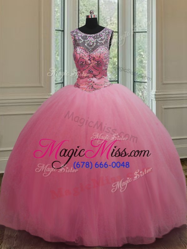 wholesale fitting scoop rose pink sleeveless beading floor length sweet 16 quinceanera dress