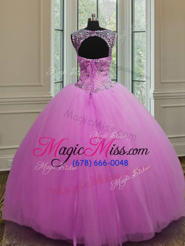 wholesale trendy scoop lilac sleeveless beading floor length quince ball gowns