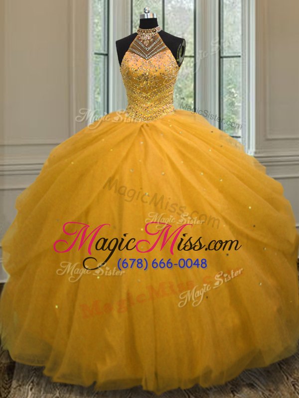 wholesale stylish gold halter top lace up beading sweet 16 dresses sleeveless