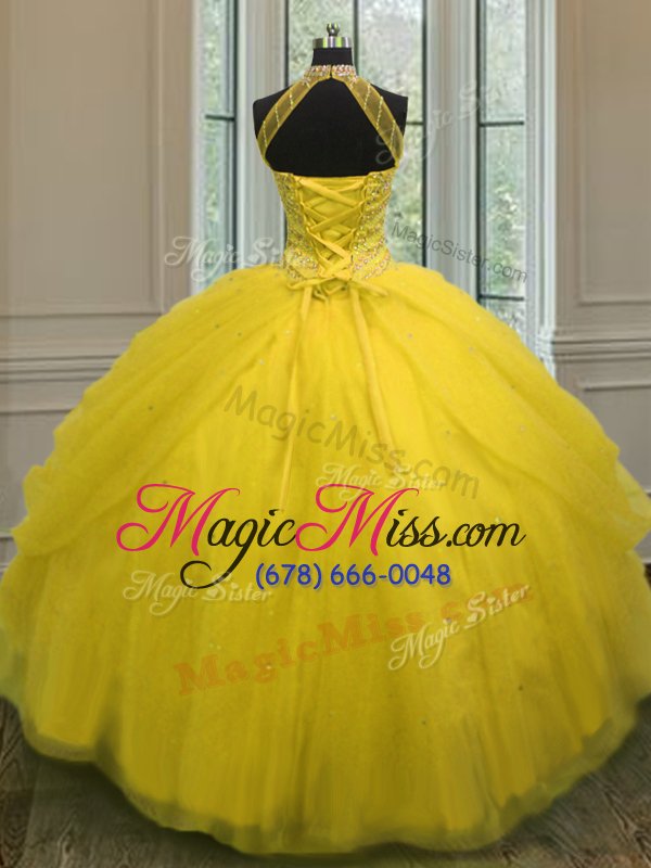 wholesale sexy yellow green quince ball gowns military ball and sweet 16 and quinceanera and for with beading halter top sleeveless lace up