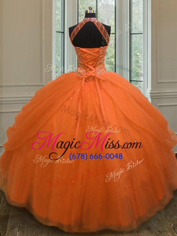 wholesale exceptional halter top sleeveless sweet 16 quinceanera dress floor length beading and sequins hot pink tulle