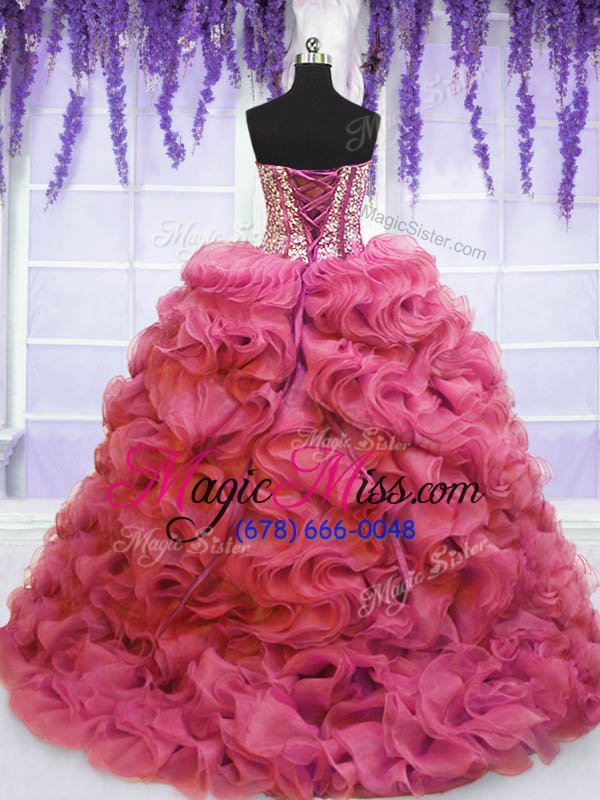 wholesale hot sale pink ball gowns organza sweetheart sleeveless beading and ruffles lace up quinceanera dress sweep train