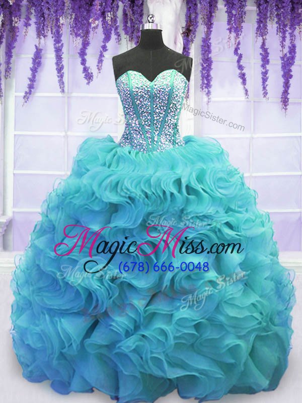wholesale perfect sweep train ball gowns ball gown prom dress aqua blue sweetheart organza sleeveless lace up
