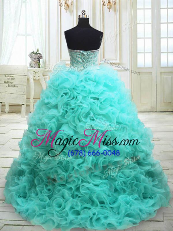 wholesale aqua blue sleeveless sweep train beading and ruffles quinceanera gowns