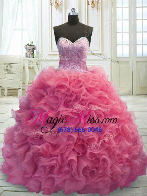 wholesale admirable sleeveless organza mini length sweep train lace up quinceanera dresses in rose pink for with beading and ruffles