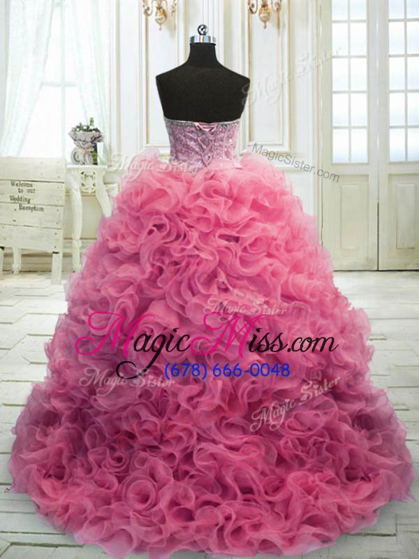 wholesale admirable sleeveless organza mini length sweep train lace up quinceanera dresses in rose pink for with beading and ruffles