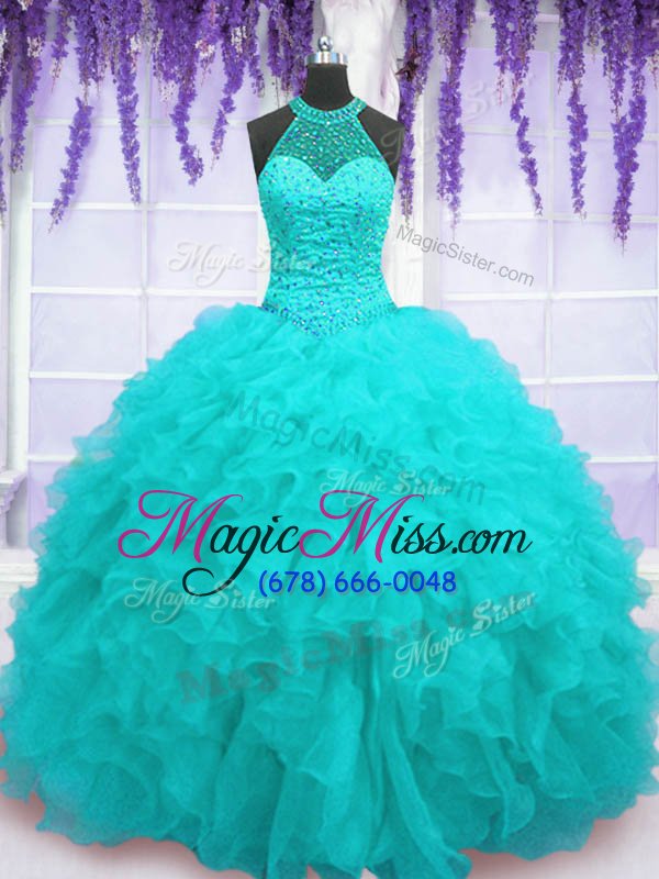 wholesale dramatic aqua blue ball gowns beading and ruffles sweet 16 dress lace up organza sleeveless floor length