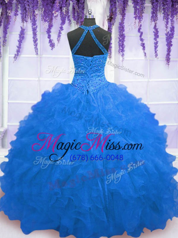 wholesale fantastic organza high-neck sleeveless zipper beading and ruffles 15 quinceanera dress in blue