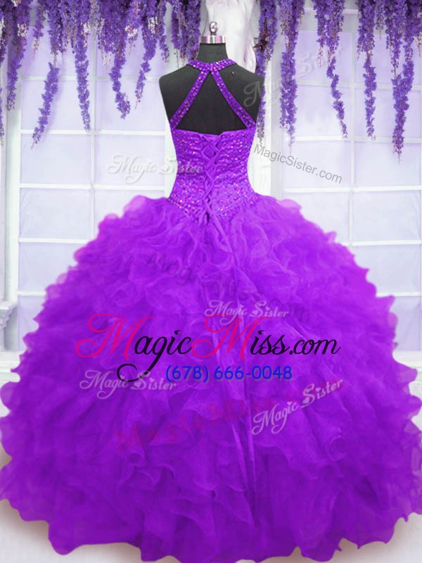 wholesale comfortable organza high-neck sleeveless lace up beading and ruffles 15th birthday dress in purple
