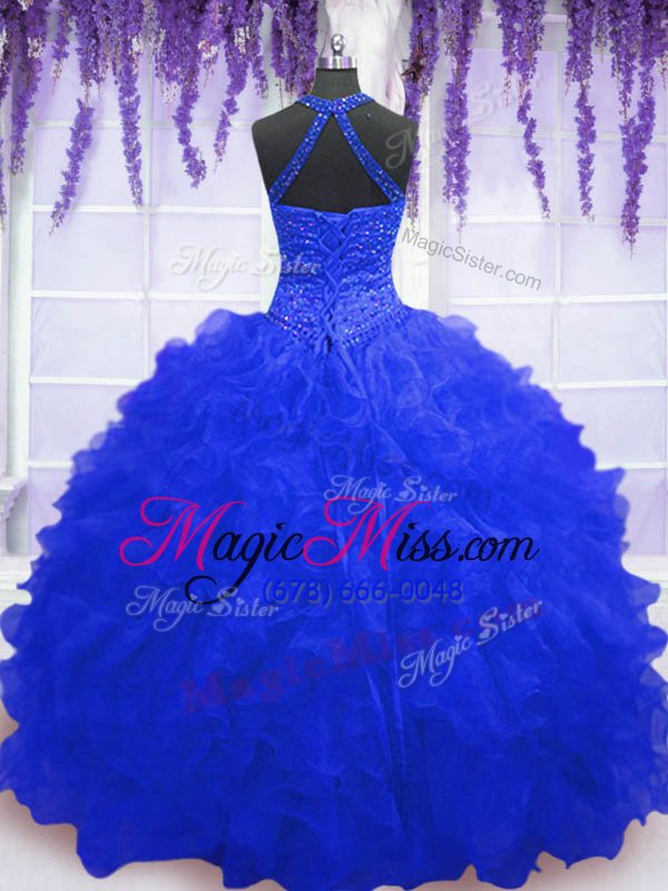 wholesale low price royal blue sleeveless floor length beading and ruffles and sequins lace up quinceanera dress