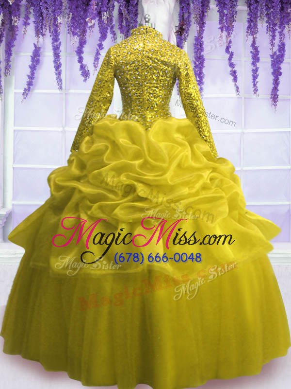 wholesale suitable sequins pick ups floor length yellow vestidos de quinceanera v-neck long sleeves zipper