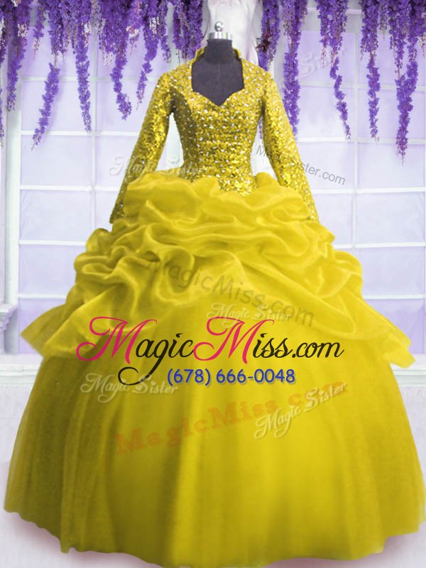 wholesale suitable sequins pick ups floor length yellow vestidos de quinceanera v-neck long sleeves zipper