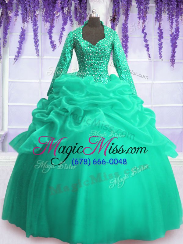 wholesale custom design organza long sleeves floor length quinceanera gown and sequins and pick ups