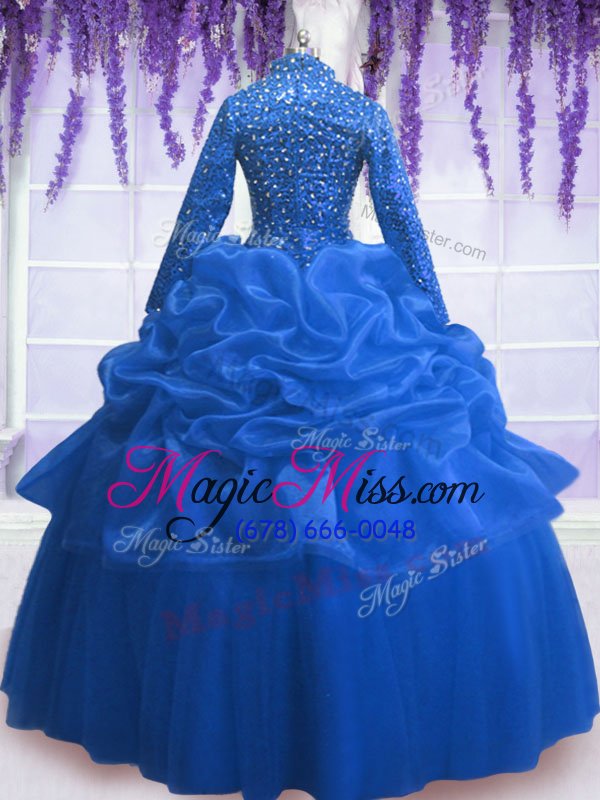 wholesale sequins pick ups floor length blue quinceanera dresses v-neck long sleeves zipper