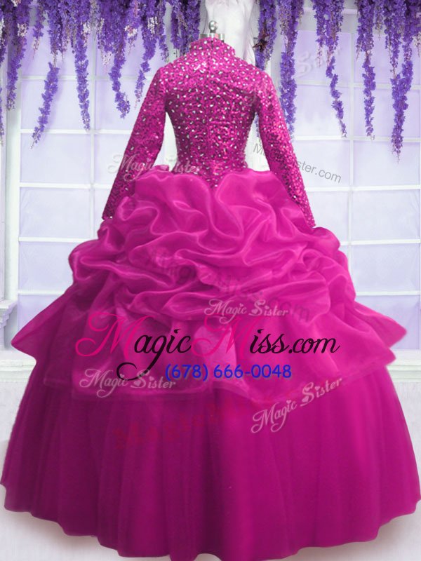 wholesale delicate fuchsia ball gowns sequins and pick ups sweet 16 quinceanera dress zipper organza long sleeves floor length